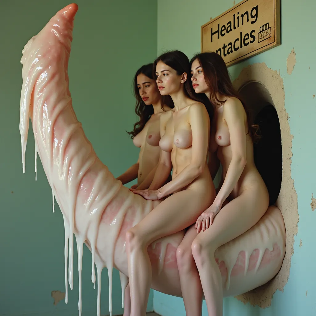 lots of naked girls riding a gigantig tentacle